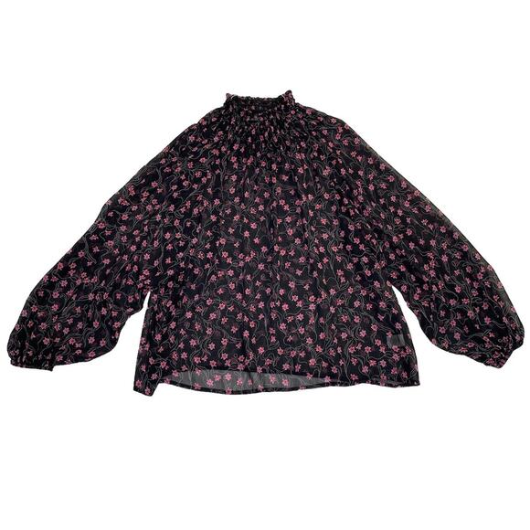 Elizabeth And James Long Sleeve Black Floral Sheer Smocked Neck Top Large - Picture 1 of 4